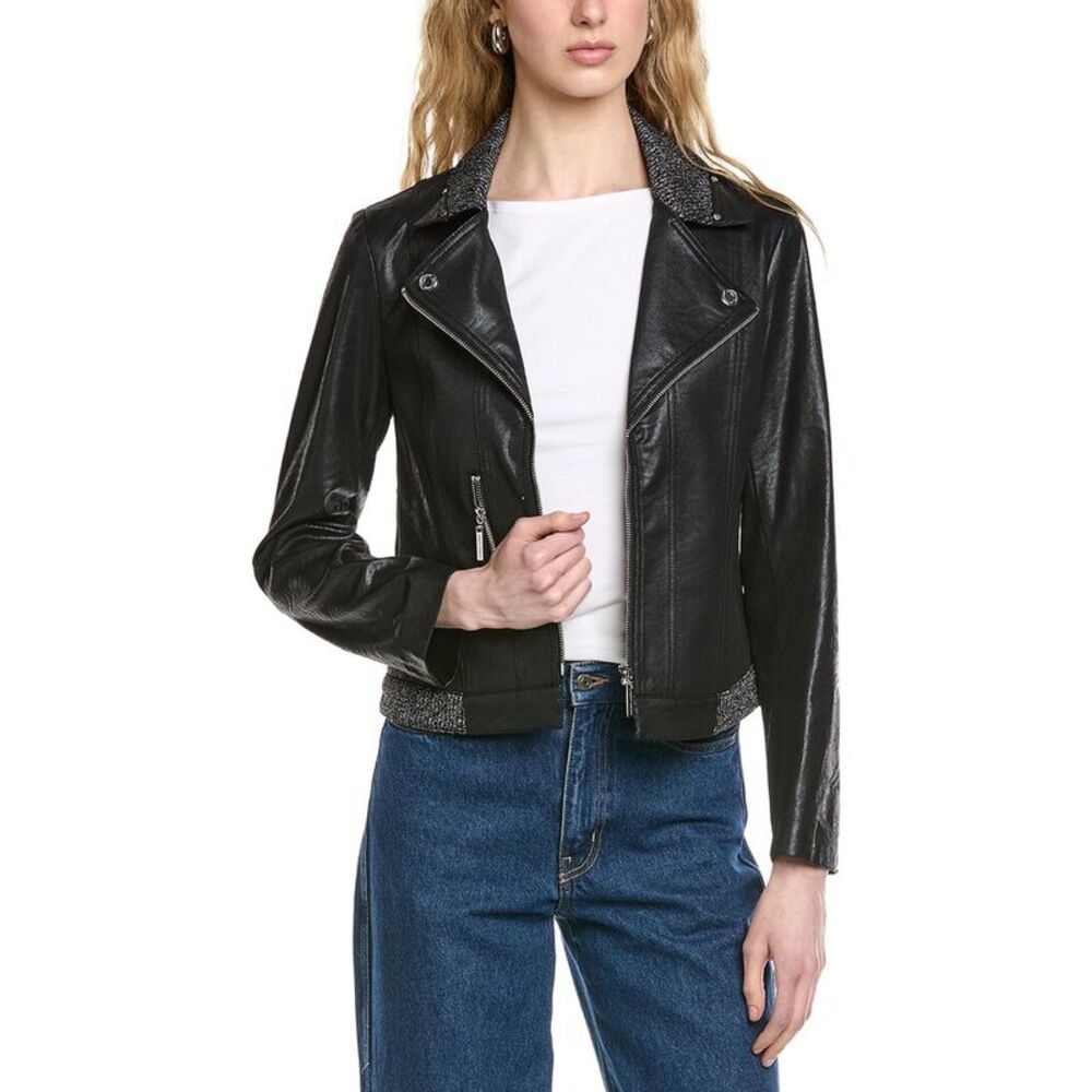 Joseph Ribkoff Womens Knit & Vegan Leather Jacket, Black